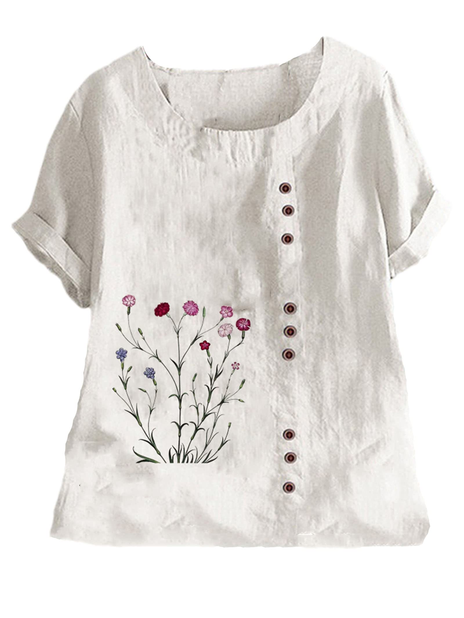 Floral Printed Linen T-Shirt for Women - Summer Short Sleeve O-Neck Blouse, Loose Fit Plus Size White Top - Perfect for Beach Outings, Casual Wear & Vacation Style