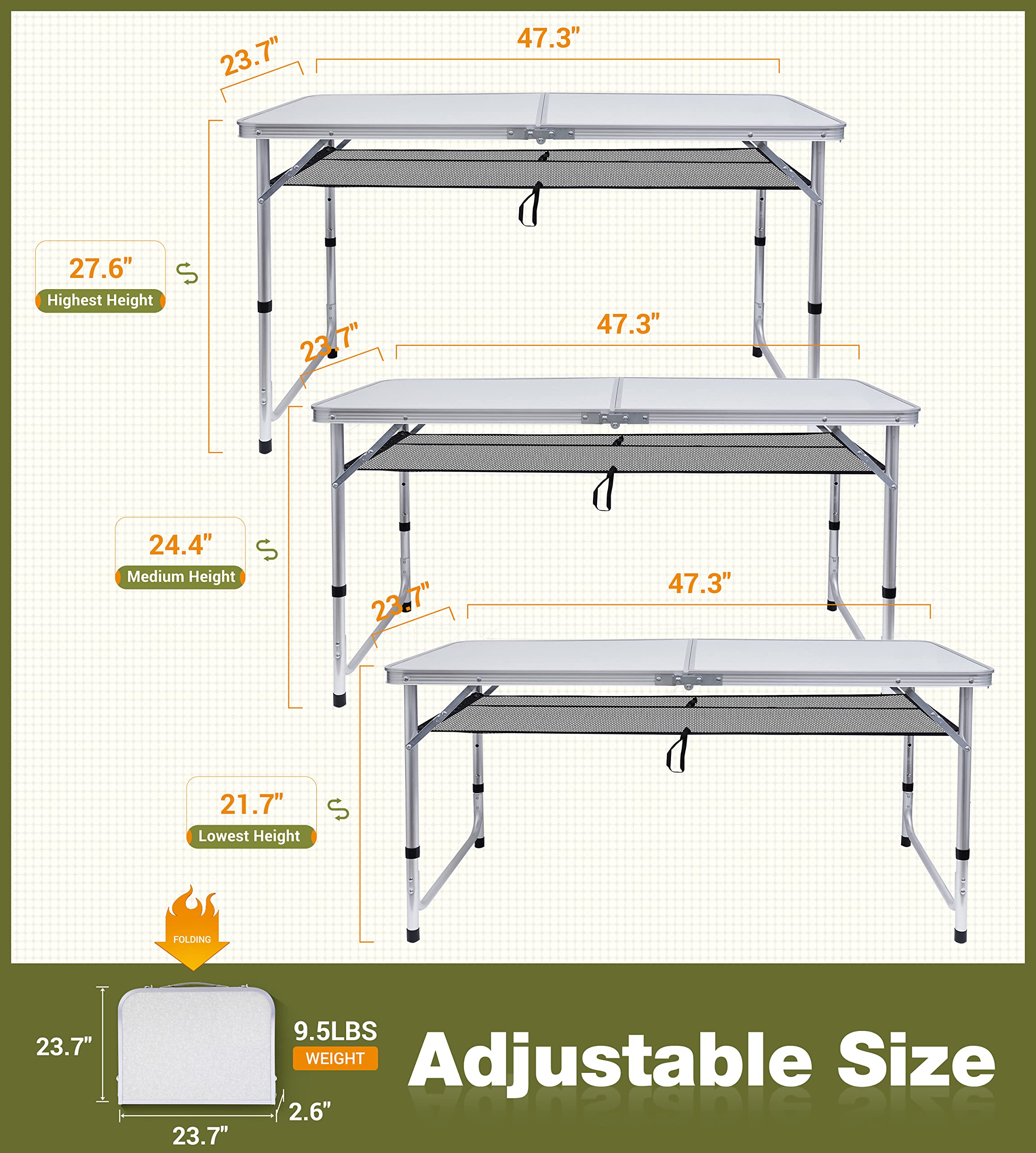 3-Level Adjustable Folding Camping Table - Lightweight Aluminum Portable Card Table with Mesh Holders & Carry Handle - Perfect for Outdoor Picnics, BBQs, Camping & Indoor Parties (Large Size)