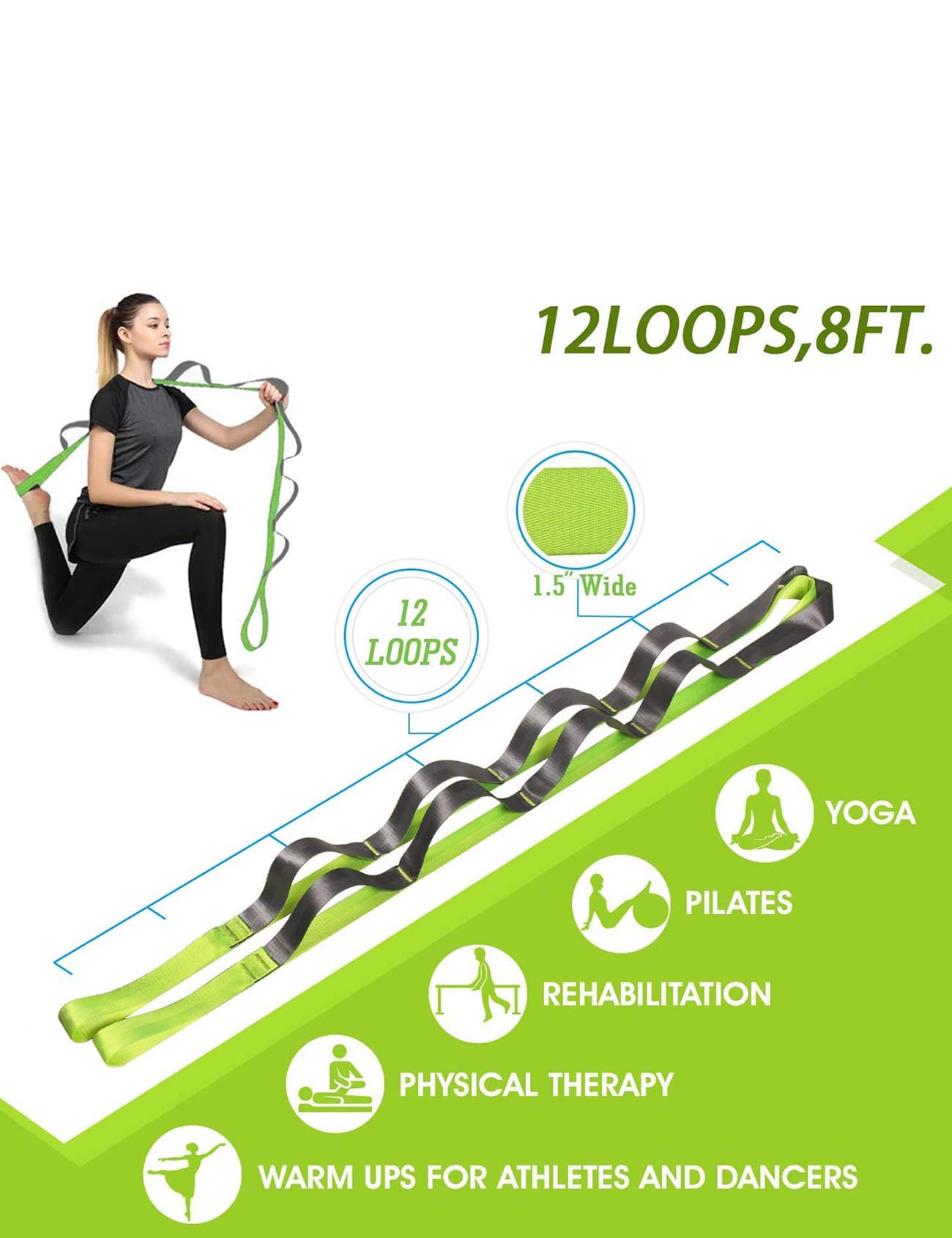 Premium 12-Loop Fitness Bands for Physical Therapy, Yoga & Stretching - Non-Elastic Exercise Resistance Bands for Home Workouts, Gym Training & Rehabilitation