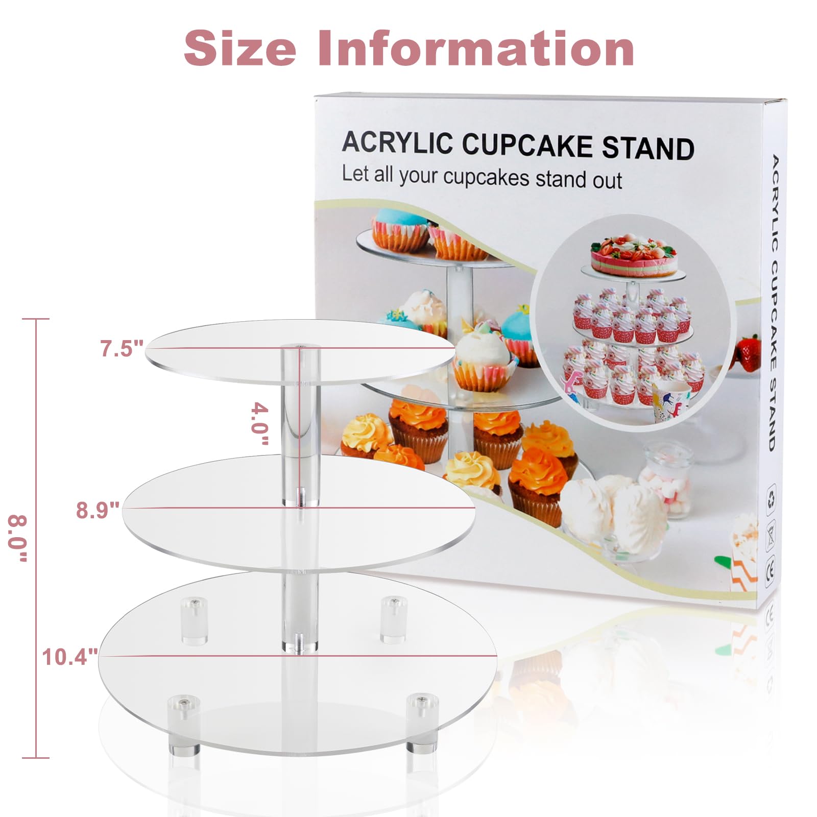 3-Tier Acrylic Cupcake Stand - Clear Round Dessert Display Tower for Birthday, Wedding, Baby Shower - Reusable Pastry Holder for Parties, Buffets & Catering Events