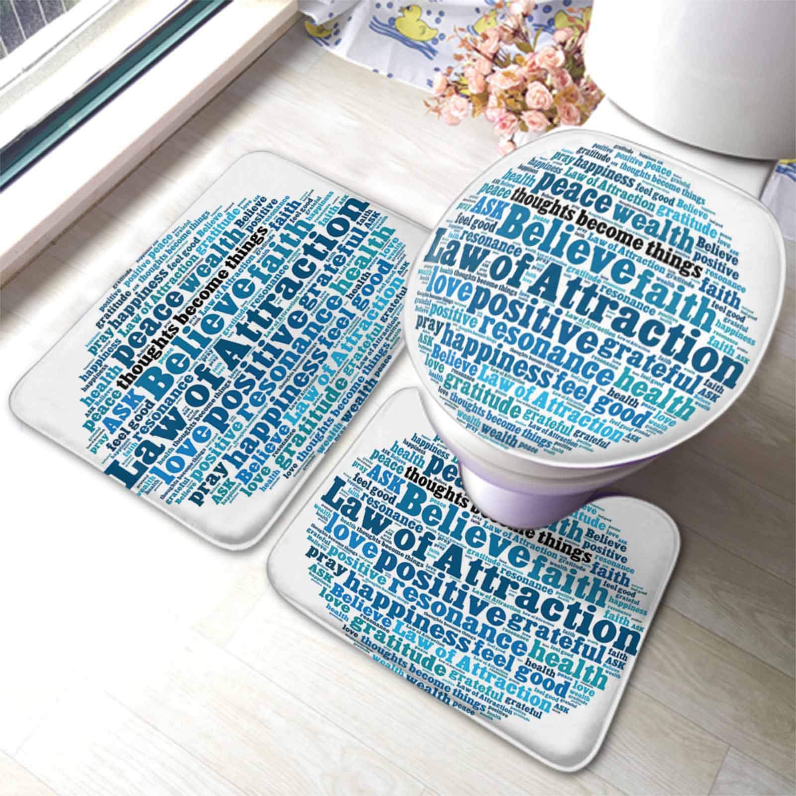 3-Piece Bathroom Rug Set with Inspirational Words - Believe, Faith, Thoughts Become Things - Law of Attraction U-Shaped Contour Mat & Toilet Cover | Non-Slip Floor Mats for Bathroom Decor & Spiritual Motivation