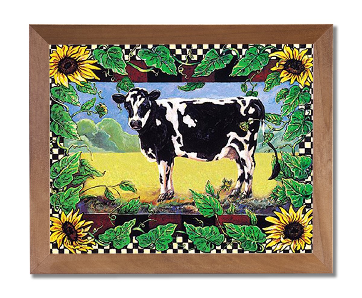 Rustic Country Cow & Sunflower Folk Art Print - Honey Framed Wall Decor for Farmhouse, Country Kitchen & Living Room
