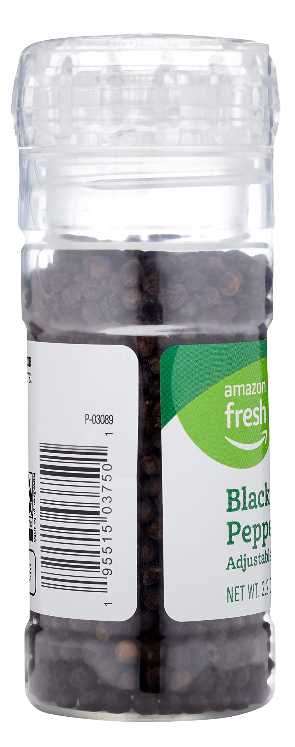 Premium Black Pepper Grinder - 2.2 Oz (62g) Refillable Glass Bottle with Adjustable Coarse to Fine Grind - Amazon Fresh - Perfect for Steak, Pasta, Salads & Home Cooking