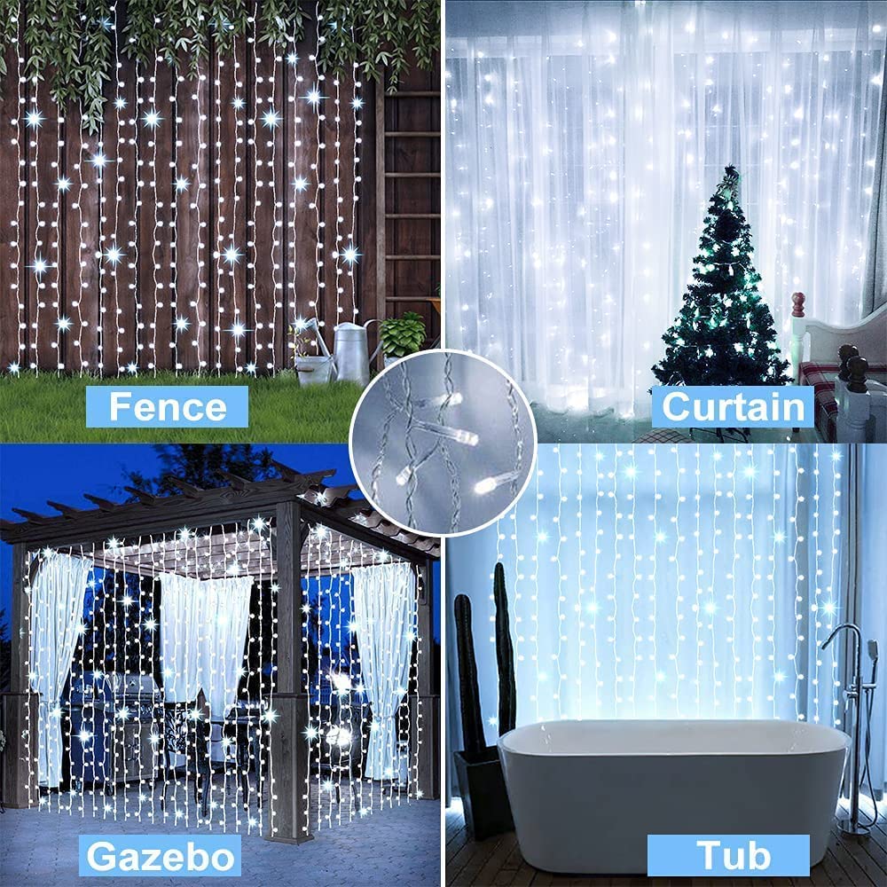2 Pack Solar Curtain Lights Outdoor - 300 LED Waterproof Fairy String Lights with Remote Control & 8 Modes | Solar Powered Garden Lights for Gazebo, Patio, Party, Wedding, Christmas Decorations (White) | Perfect for Backyard, Balcony, and Holiday Lighting