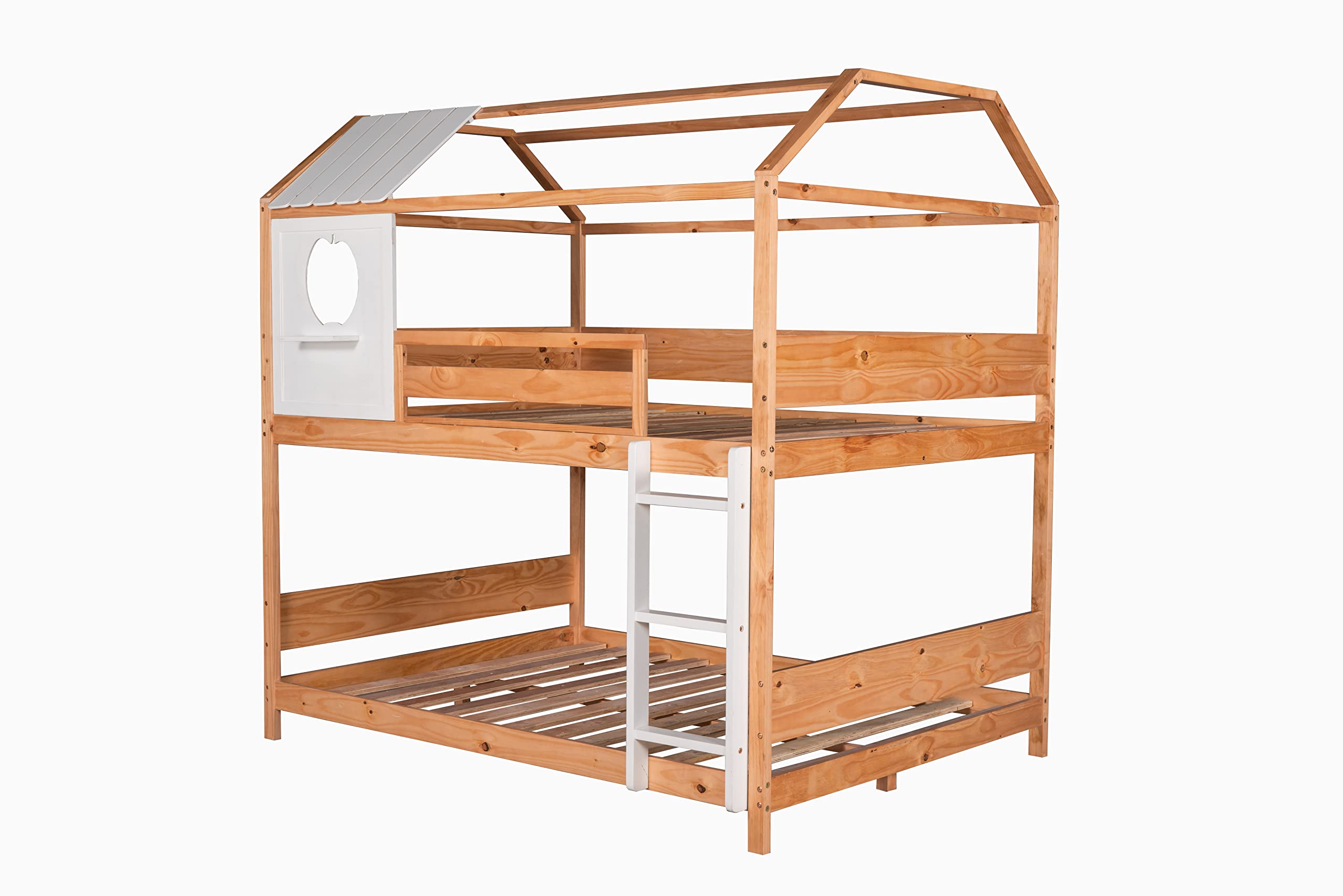 Full Over Full Size Solid Wood Bunk Bed with Window/Roof Design, Built-in Little Shelf & Full-Length Guardrail - Low Profile Frame, No Box Spring Needed - Perfect for Kids' Bedrooms, Guest Rooms & Small Spaces