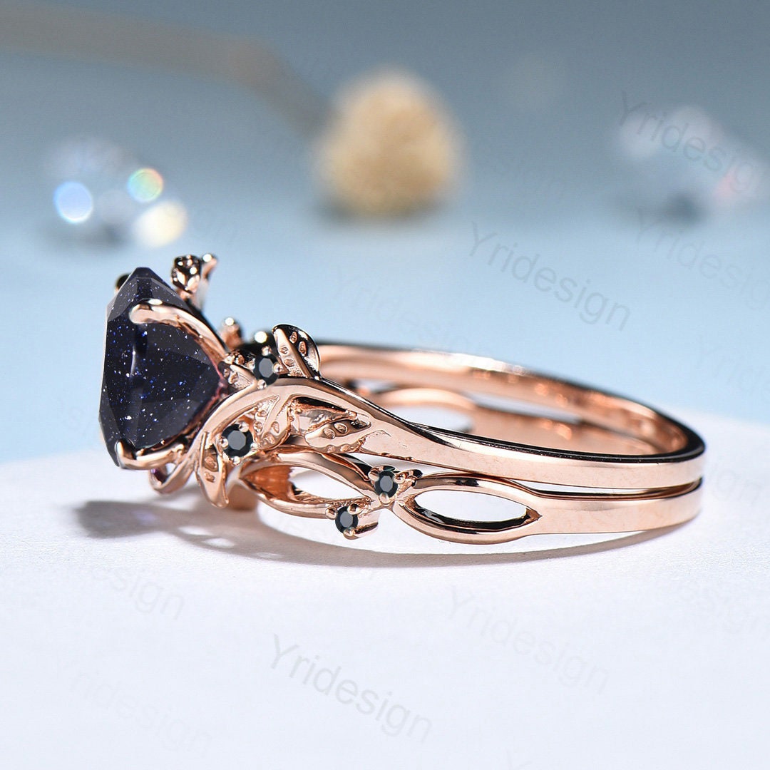 Natural Inspired Leaf Blue Sandstone Ring Set - Cluster Spinel Galaxy Engagement Ring for Women - Unique Leaves Branch Design - Personalized Anniversary Gift - Perfect for Weddings, Proposals & Special Occasions
