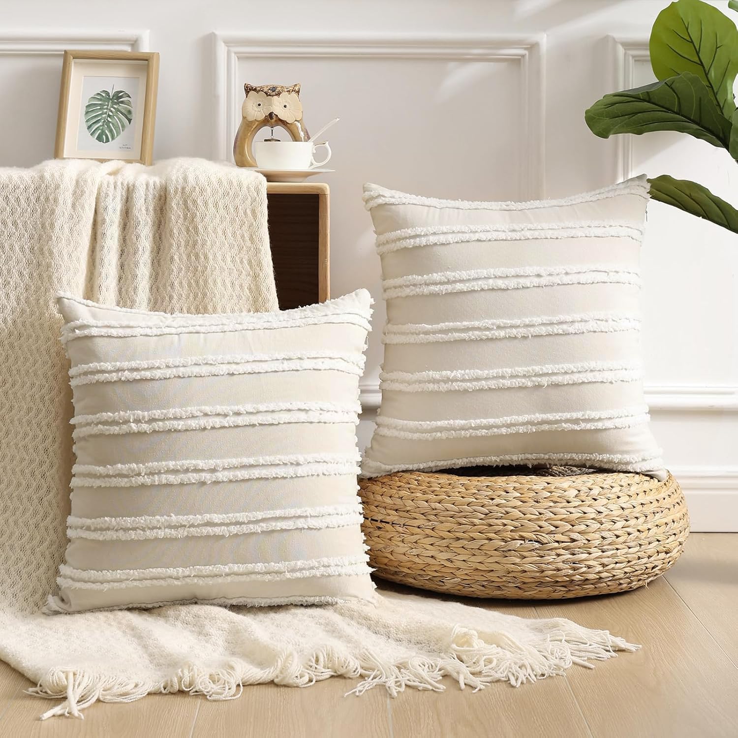 Pallene Boho Decorative Throw Pillow Covers 18x18 Inches Set of 2 - Cotton Linen Blend Cushion Covers for Couch, Sofa, Living Room - Beige Home Decor for Bohemian Style & Cozy Interior Design
