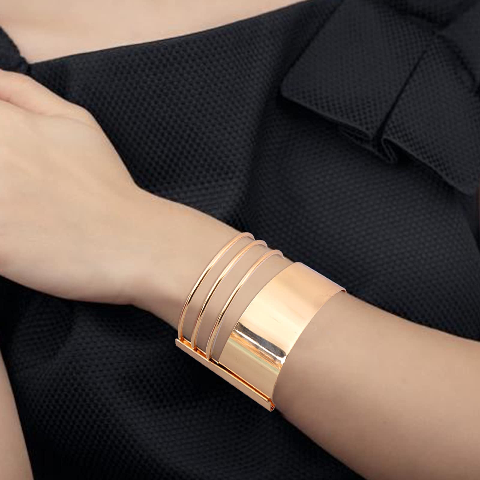 4 Pack Gold Cuff Bangle Bracelets for Women - Open Wide Wire Wrap Wrist Cuffs (2.4 Inch Diameter) - Elegant Boho Jewelry for Parties, Weddings & Everyday Wear
