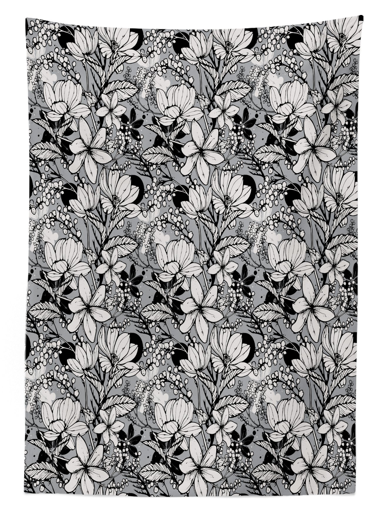 Ambesonne Garden Art Outdoor Tablecloth - Hand Drawn Botanical Pattern with Frangipani, Mimosa & Lotus Flowers | Washable Picnic Table Cover 58x120 Inches in Black, White & Pale Grey | Perfect for Garden Parties, Outdoor Dining & Picnics