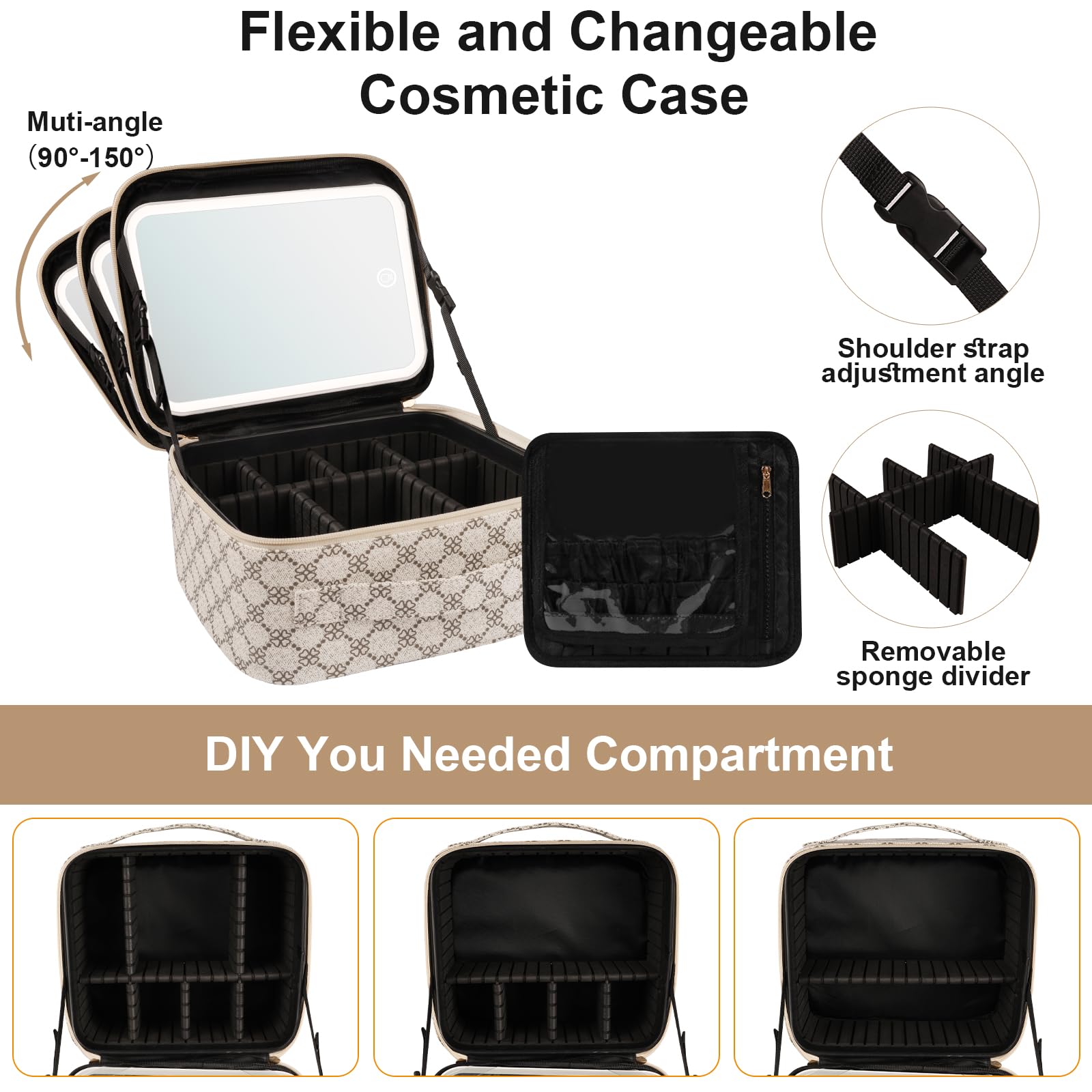 Lighted Makeup Train Case with Adjustable Brightness Mirror & Detachable 10x Magnifier - Portable Vanity Organizer for Travel, Home, and Professional Makeup Artists (Beige Clover)
