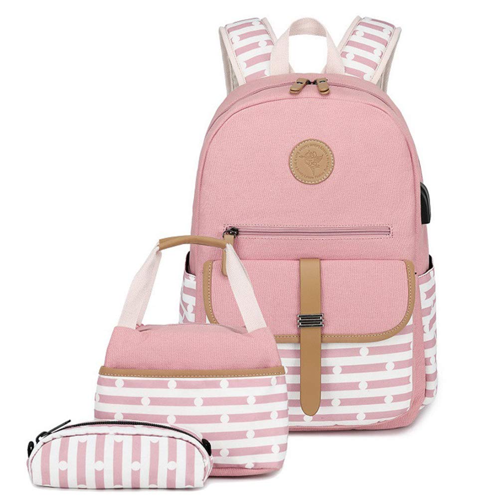 Girls Kids School Backpack with Lunch Box - Teen Rucksack Casual Canvas Striped Daypack - Laptop Book Bag with USB Charging Port - Dark Pink - Perfect for School, Travel & Daily Use
