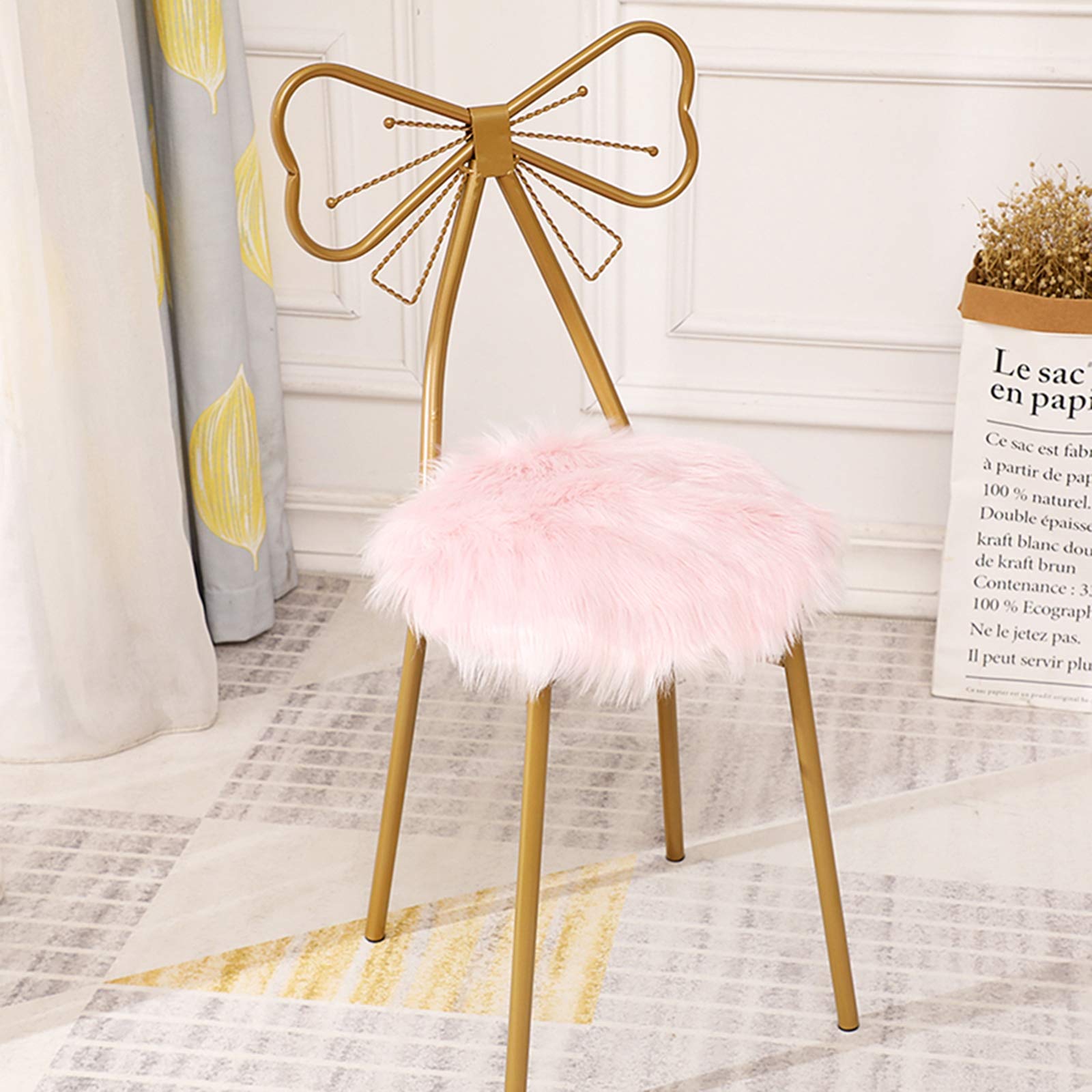Golden Makeup Chair with Pink Cushion - Elegant Metal Dining Chair with Butterfly Bow Tie Backrest, Creative Dressing Table Stool for Girls Bedroom, Lounge & Decorative Furniture - Perfect for Vanity, Salon, and Home Decor