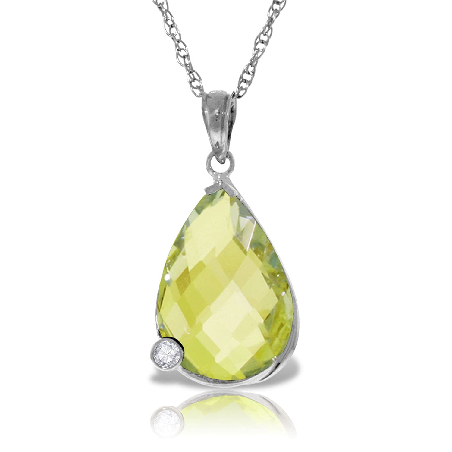 14K White Gold Necklace with 5.04 CT Briolette Checkerboard Cut Lemon Quartz & Diamonds | Galaxy Gold GG Elegant Jewelry for Women | Perfect for Weddings, Anniversaries & Special Occasions