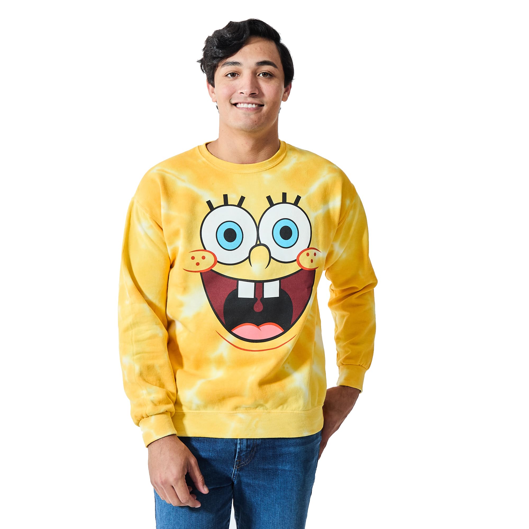 Spongebob Squarepants Big Face Men's Fleece Sweatshirt - Yellow Long Sleeve Crewneck Pullover | Soft Spiral Wash Fleece | Casual Wear, Lounge, Cosplay & Gift for Fans