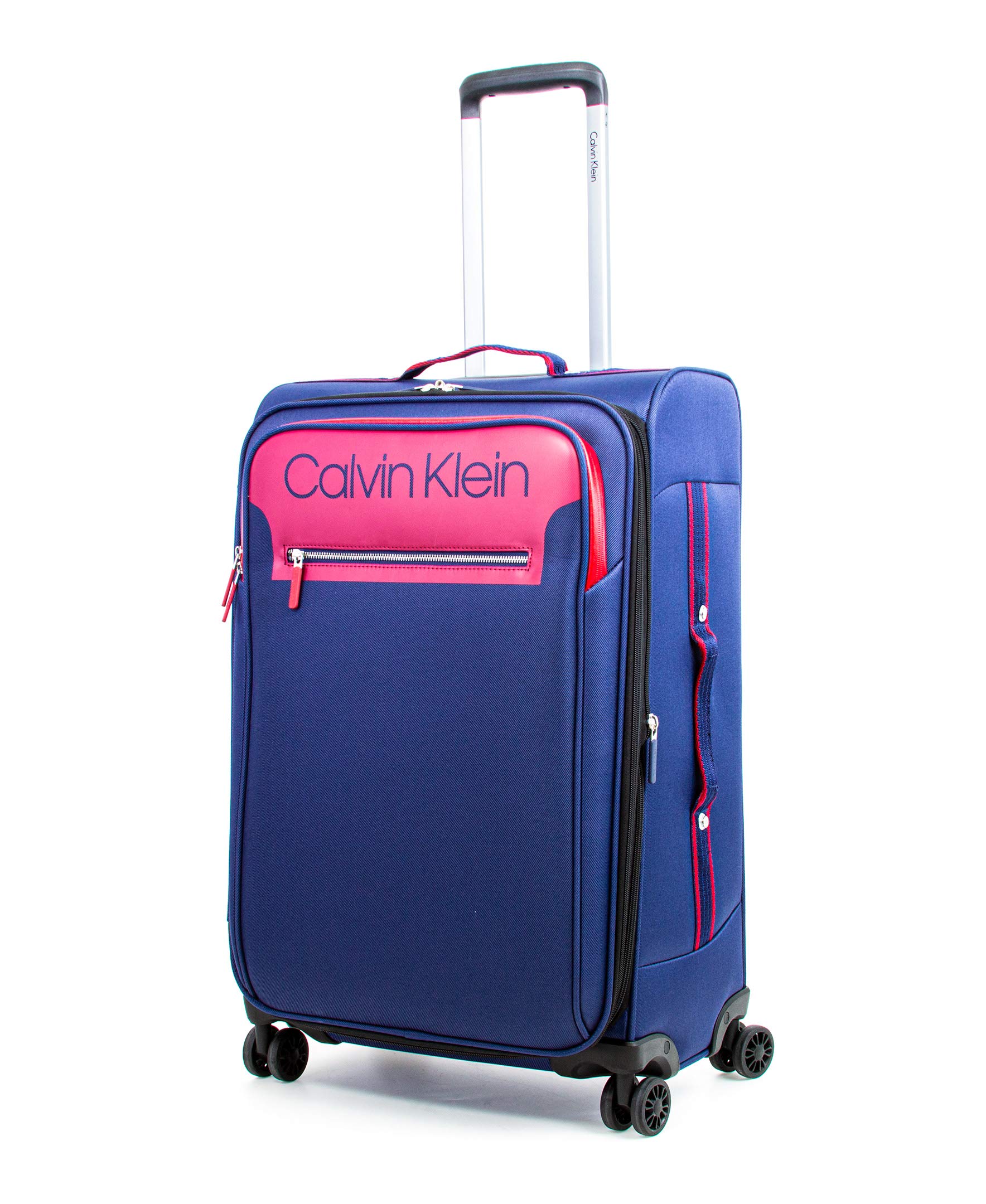 Calvin Klein 25-Inch Flare Softside Spinner Luggage - Navy & Red Suitcase for Travel, Business Trips & Vacations | Lightweight Expandable Carry-On with 360° Wheels
