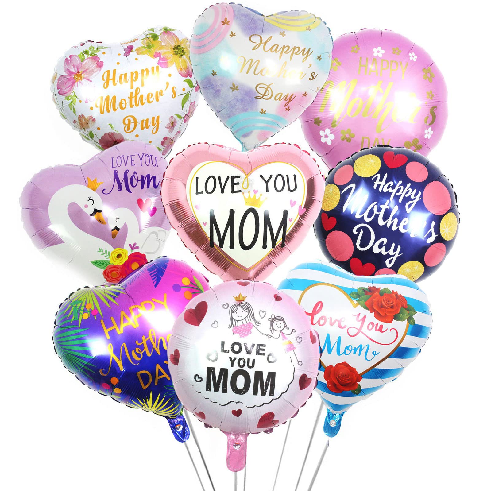 9Pcs Happy Mother's Day Balloons Set - 18 Inch Heart Shaped Foil Balloons in Pink & Red - Perfect for Mother's Day Party Decorations, Home Celebration & Photo Backdrop - 'Love You Mom' Balloon Included