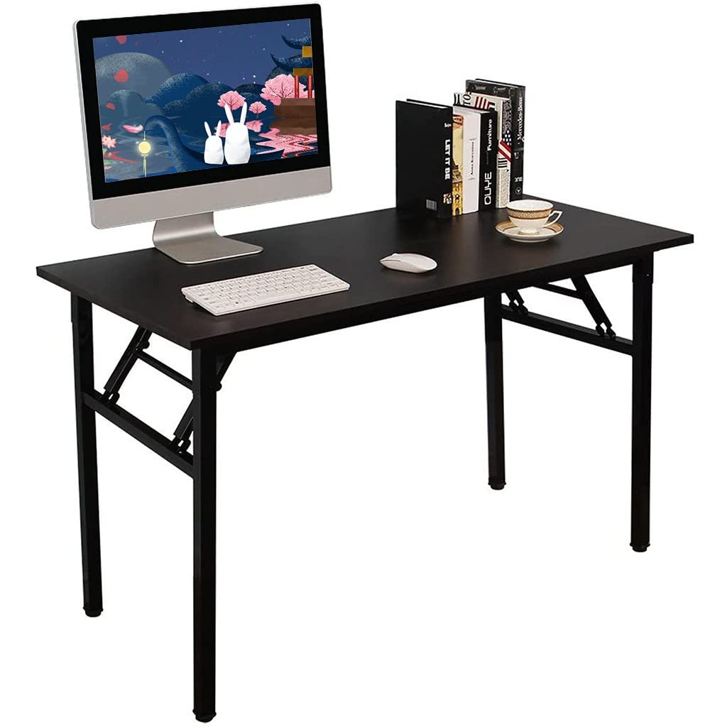 QINXIAO Folding Computer Desk - Adjustable Home Office Desk, Modern Simple Study Writing Table with Stable Frame, Space Saving Workstation for Small Spaces (Black) - Perfect for Home Office, Dorm Room & Apartment Workspace