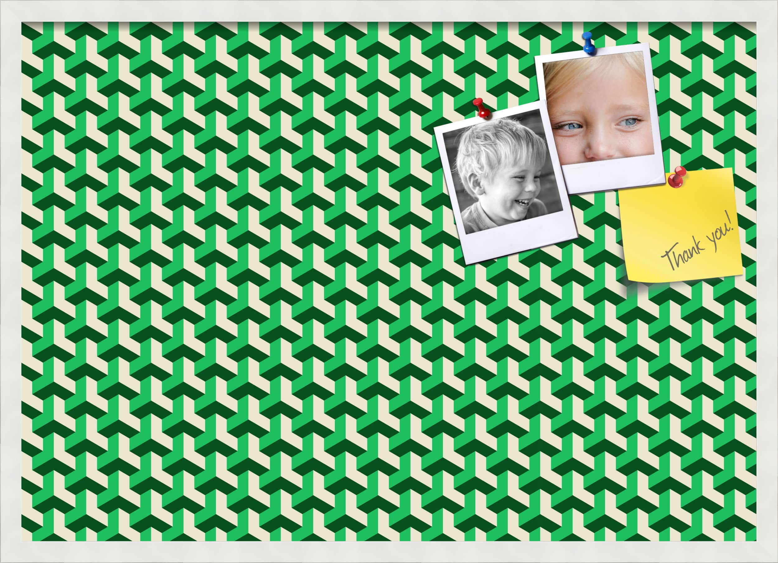 PinPix 34x24 Inch Cork Bulletin Board - Decorative Framed Pin Board with BAUS Green Beige Design & Satin White Frame - Perfect for Home Office Decor, School Classroom, Dorm Room Organization & Wall Memo Display (PinPix-1531)