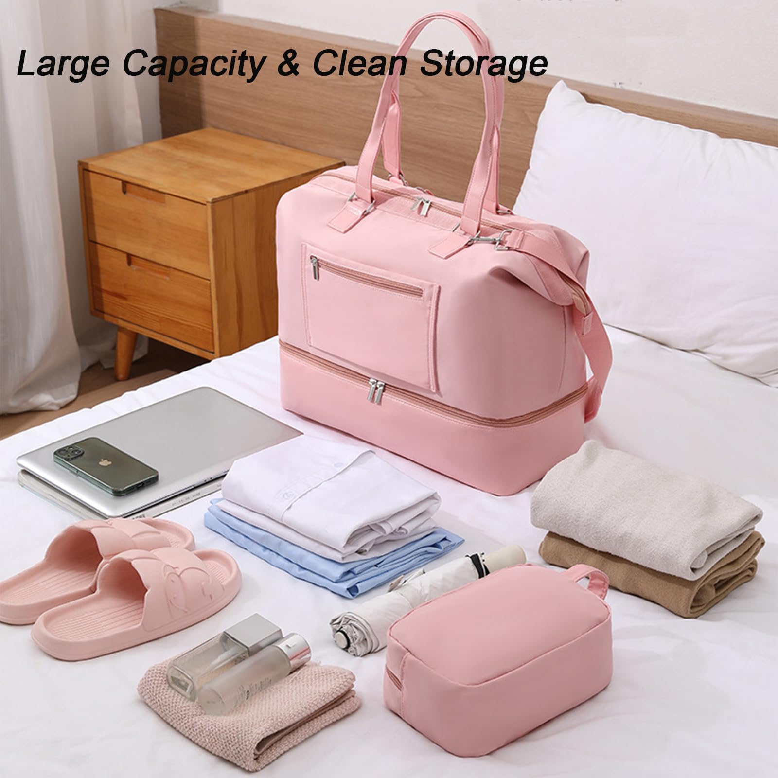 Waterproof Travel Duffle Bag for Women - Large Weekender Overnight Bag with Toiletry Pouch | Gym, Hospital, Maternity & Weekend Getaway Carry-On Shoulder Tote - Pink