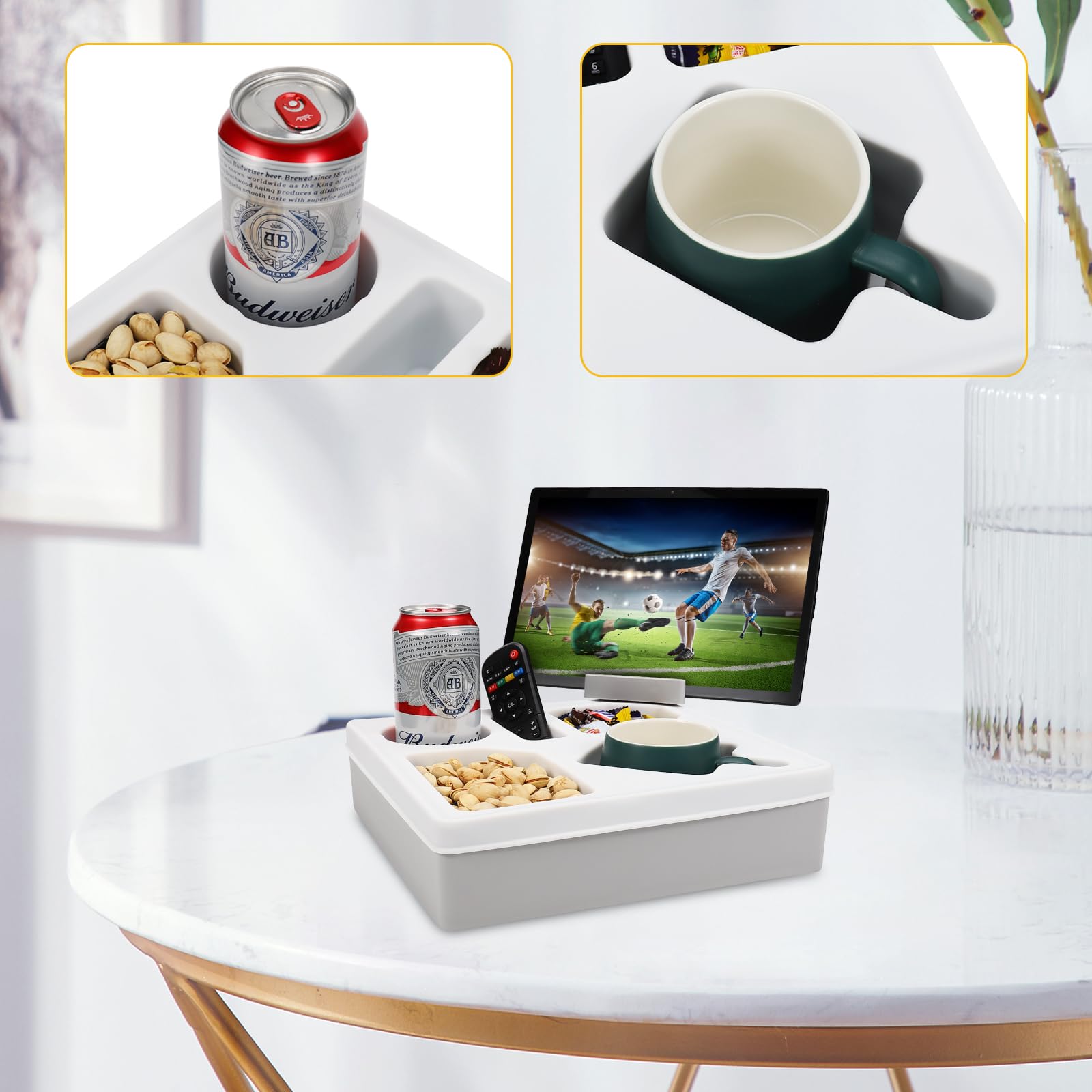 **Waterproof Silicone Couch Cup Holder Tray with Phone Stand - Universal Sofa Caddy for Bed, Seat, Car & Beach - Organize TV Remote, Snacks, Drinks & Cellphone (White) - Perfect for Movie Nights, Road Trips & Relaxing at Home**