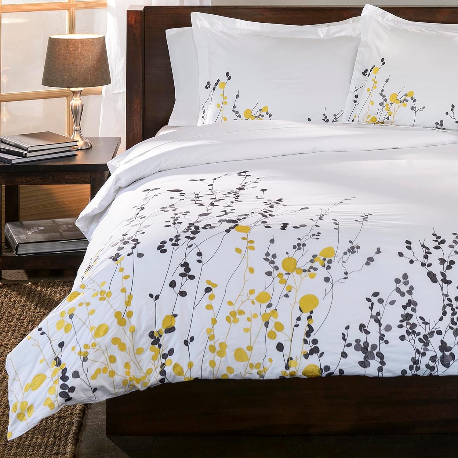 Reed Cotton Embroidered Floral Duvet Cover Set - Queen Size 3-Piece Bedding Set with Pillowcases, Soft Breathable Luxury Bed Cover for Master Bedroom, Guest Room & Dorm Decor