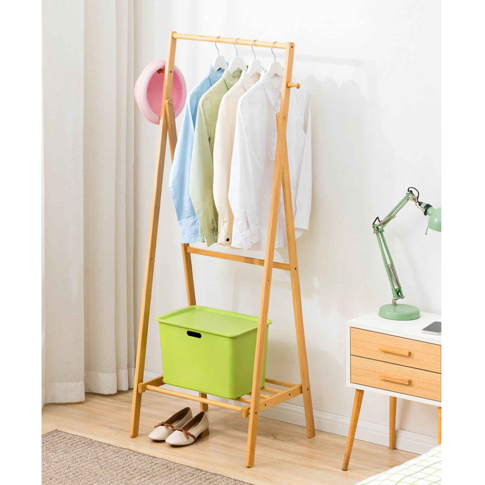 Foldable Coat Rack Stand with 2 Side Hooks & Storage Shelves - Freestanding Clothing Organizer for Bedroom, Entryway, Living Room - Holds Clothes, Shoes, Hats, Bags (Wood Color, 56x45x155cm) - Perfect for Small Spaces & Apartment Dressing Areas