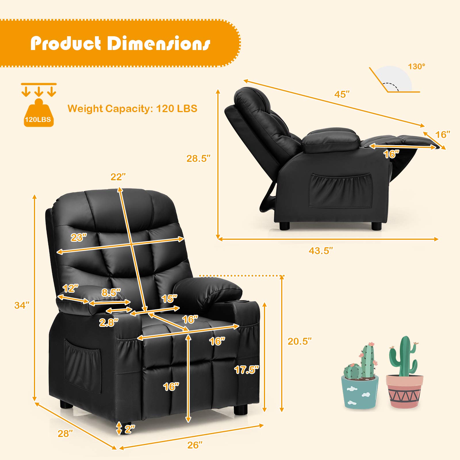 Costzon Kids Recliner Chair with Cup Holder & Footrest - Adjustable Leather Lounge Chair for Boys & Girls with Side Pockets - Ergonomic Toddler Furniture Sofa for Bedroom, Playroom & TV Time (Black)