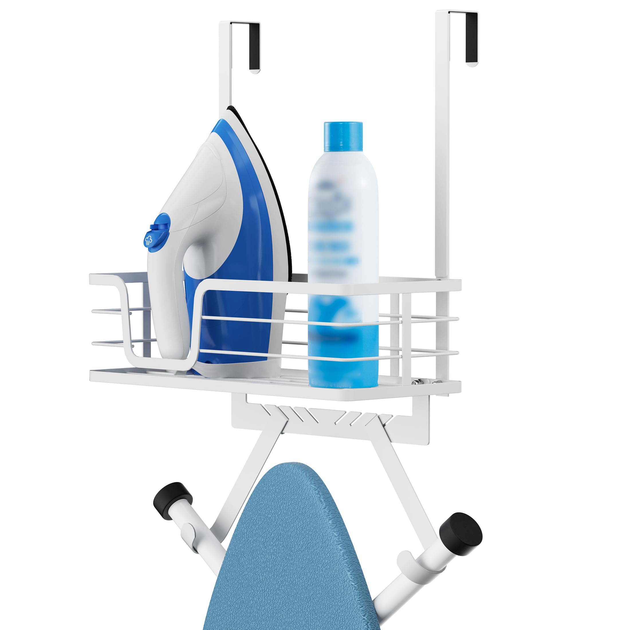 Over The Door Ironing Board Holder - White Ironing Board Hanger with Storage Shelf for 1-3/8