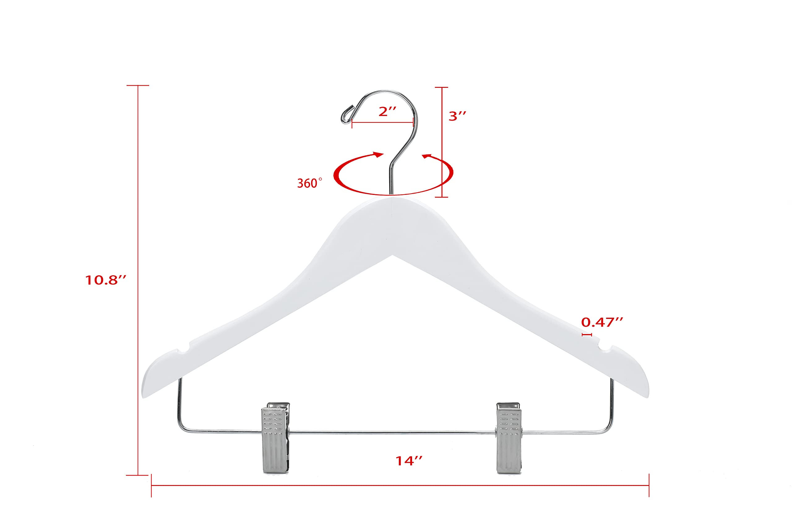20 Pack Kids Skirt Hangers 14 Inches - Premium Wooden Clothes Hanger with Curved Shoulder, Swivel Chrome Hook & Adjustable Metallic Clips for Junior/Preteen/Youth | Non-Slip Notches, White | Perfect for Closet Organization, School Uniforms & Delicate Garments