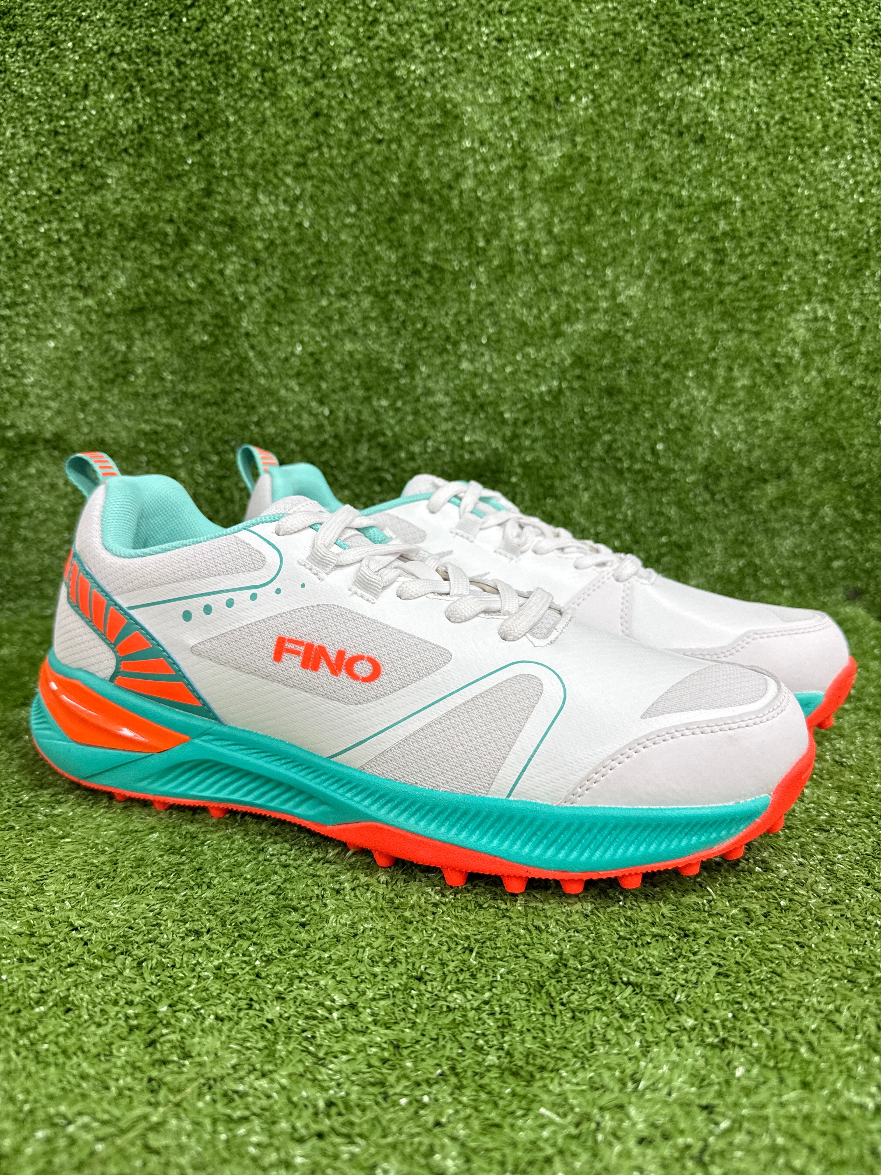 FINO C 14 Cricket Shoes for Men - White & Teal Sports Shoes with Non-Slip Sole - Perfect for Cricket Matches, Training & Outdoor Sports