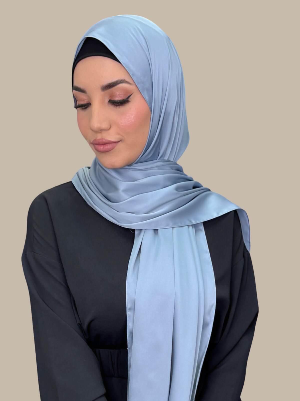 Luxury Satin Hijab Scarf - Soft Denim Blue Modest Muslim Headscarf for Women - Perfect for Daily Wear, Prayer, and Special Occasions
