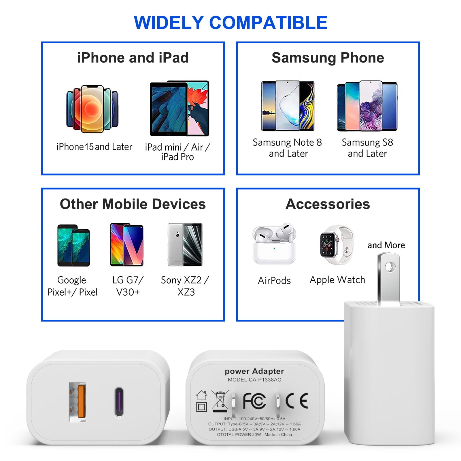3 Pack iGENJUN 20W Dual Port USB C Fast Charger Block - QC + PD 3.0 Power Adapter Wall Charger for iPhone 16/15/14/13/12/X & Samsung Galaxy - White | Perfect for Home, Office & Travel Charging