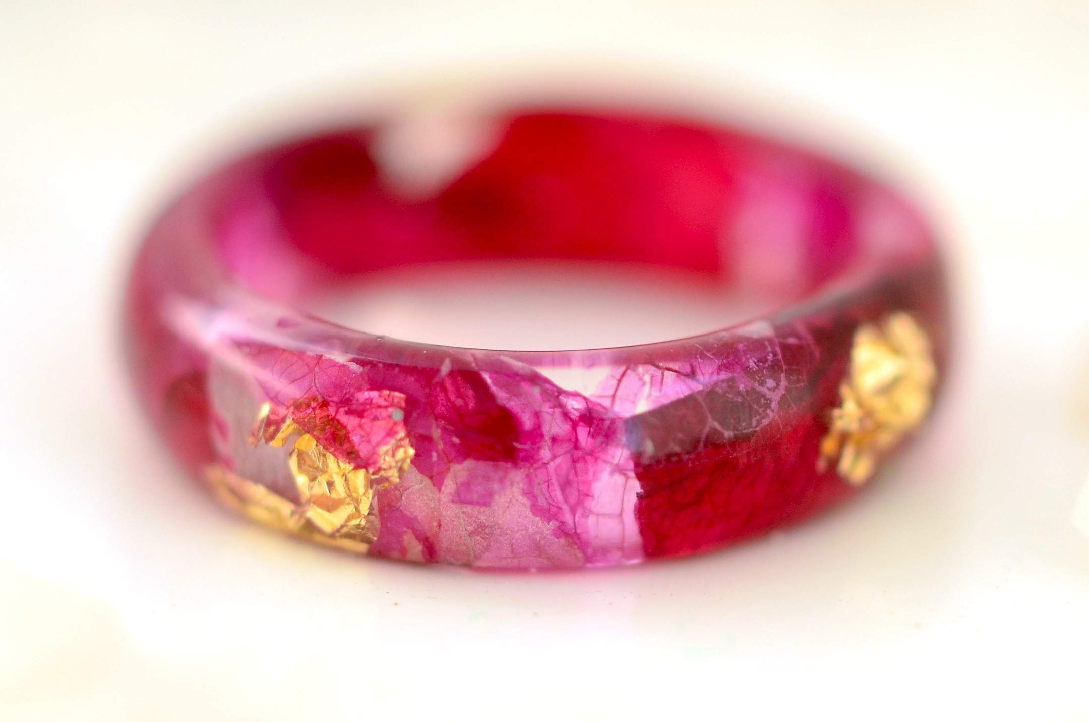 Eco Resin Flower Ring with Pressed Purple Orchid Petals & Gold Flakes - Dainty Clear Thin Ring for Women - Elegant Botanical Jewelry for Weddings, Date Nights & Special Occasions