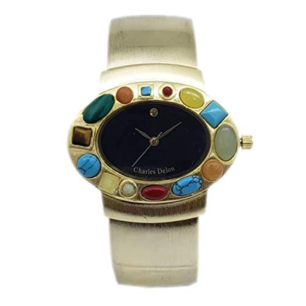 Charles Delon Women's Luxury Watch 4108LABD - Gold-Tone Stainless Steel with Colorful Gemstones, Elegant Dress Watch for Business & Formal Occasions