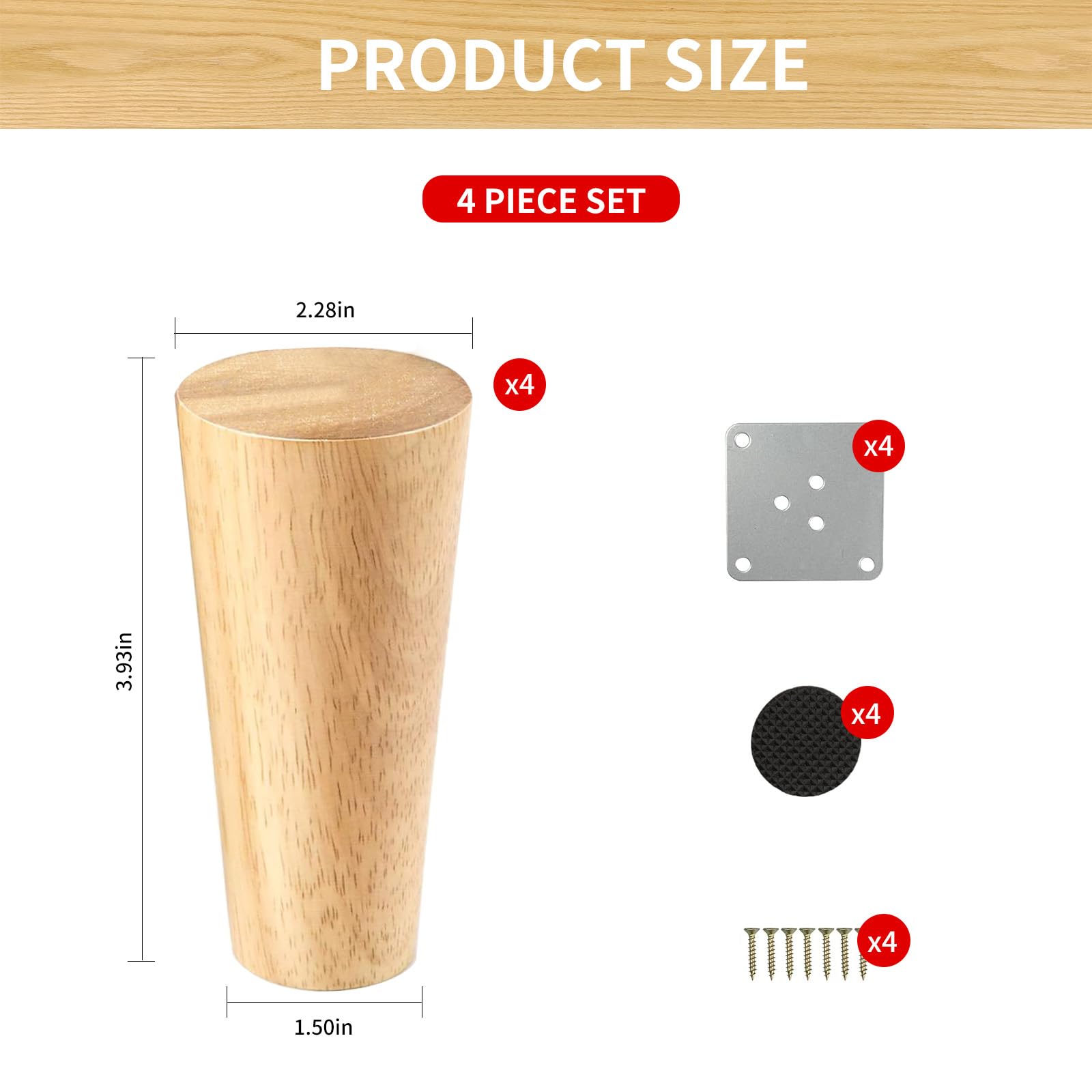 BUPOGAKE Mid-Century Modern Wooden Furniture Legs Set of 4 - 3.94 Inch Round Replacement Feet for Sofa, Cabinet & Table - Includes Non-Slip Pads, Screws & Mounting Plates - Perfect for Living Room, Bedroom & Office Furniture Upgrade