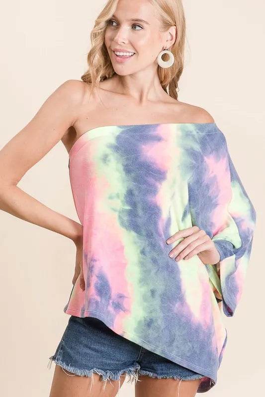 BiBi Tie Dye French Terry One Shoulder Dolman Top | Trendy Women's Casual Shirt | Perfect for Summer Outfits, Beach Wear & Music Festivals