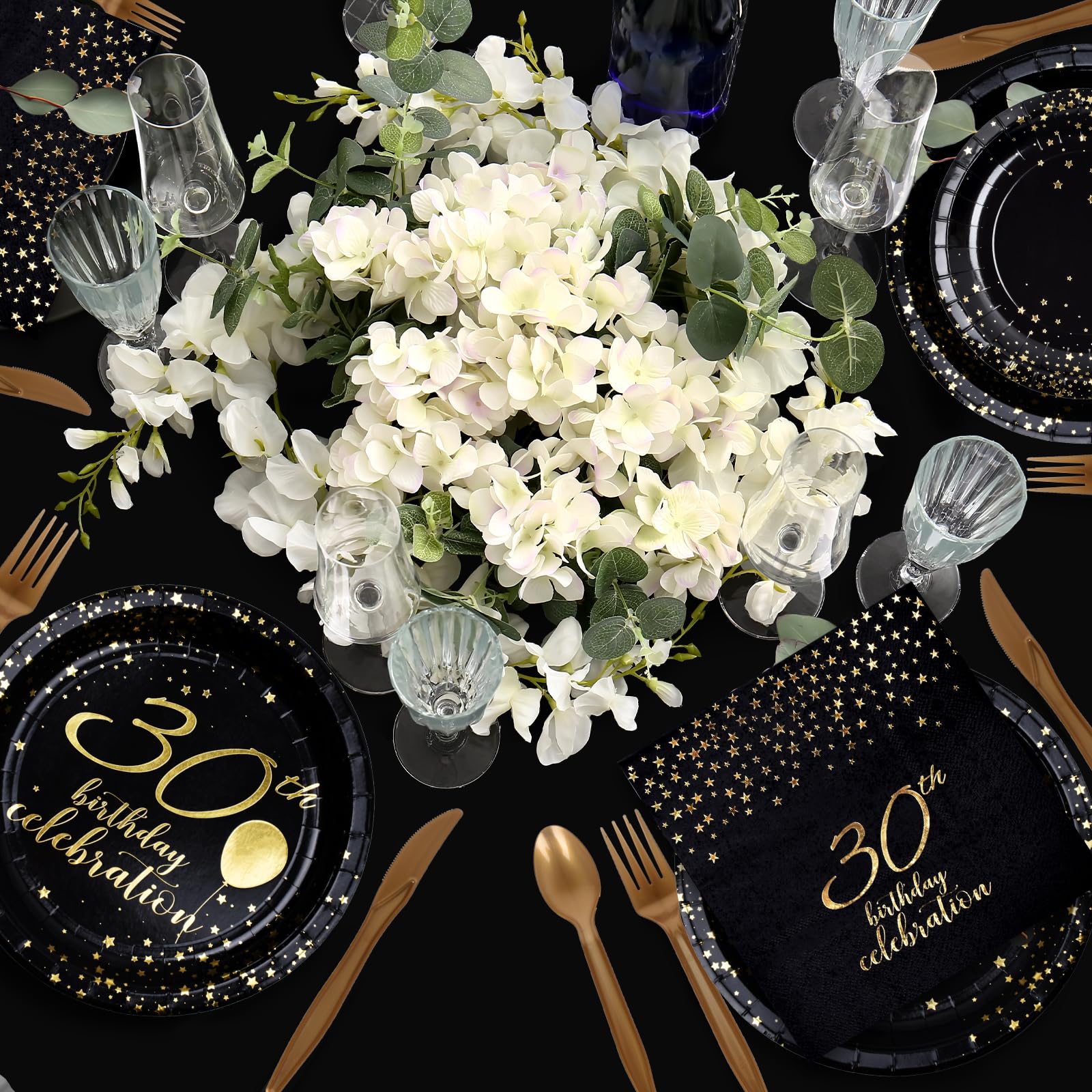 Gatherfun 30th Birthday Party Supplies Set - 30 Disposable Paper Plates, Napkins, Cups, Cutlery & Tablecloth - Black & Gold Decorations for Men & Women (Serves 25) - Perfect for Milestone Birthdays, Anniversary Celebrations & Themed Parties
