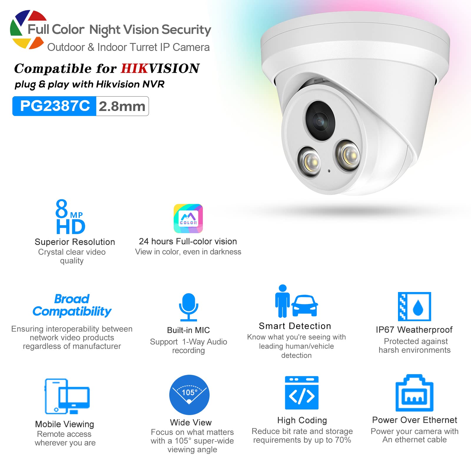 Hikvision 4K 8MP Outdoor PoE Security Camera with Human/Vehicle Detection - Full Color Night Vision, 2.8mm Lens, Built-in Mic, IP67 (PG2387C) - Ideal for Home Security, Business Surveillance & 24/7 Property Monitoring