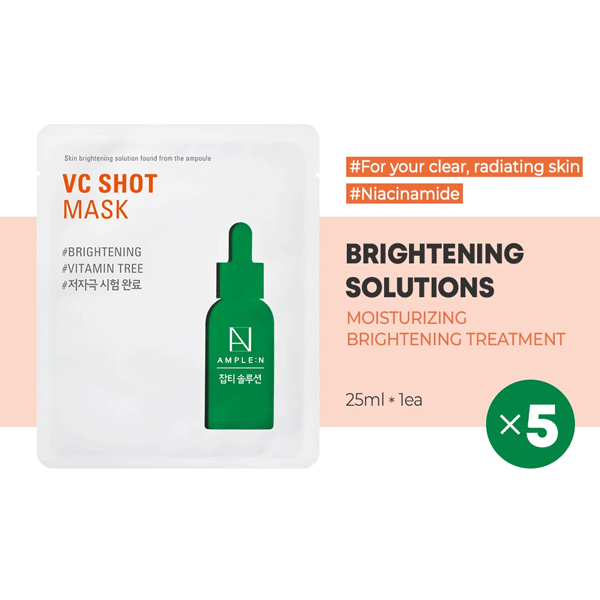 AMPLE:N VC Shot Mask 5 Pack - Brightening & Hydrating Face Mask for Glowing Skin | Perfect for Daily Skincare, Spa Days & Travel Essentials