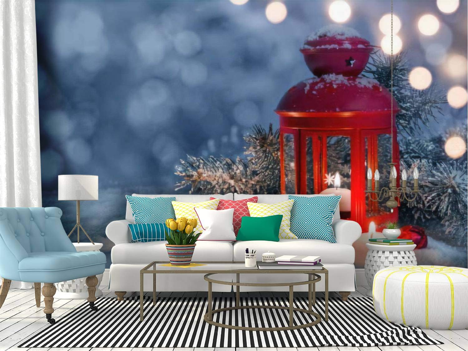 Self-Adhesive Christmas Wallpaper Roll - Snowy Lanterns & Candles Design, Removable Peel and Stick Wall Mural for Home Decor | Perfect for Living Room, Bedroom, and Holiday Interior Design