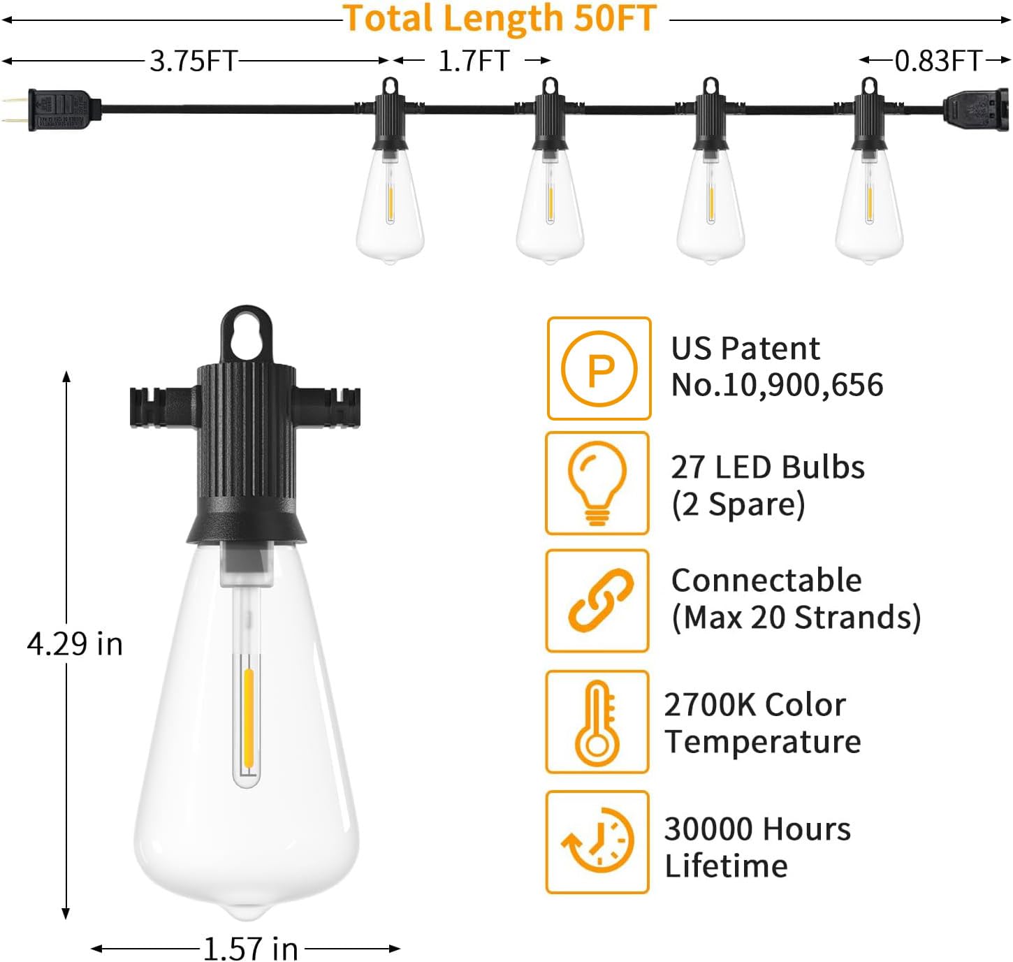 ZOTOYI 50FT Outdoor String Lights with 27 LED ST38 Edison Bulbs (2 Spare Included) - IP65 Waterproof Dimmable 2700K Warm White Patio Lights for Garden, Backyard, Cafe, Porch, Gazebo - Perfect for Romantic Evenings, Outdoor Dining & Party Decorations