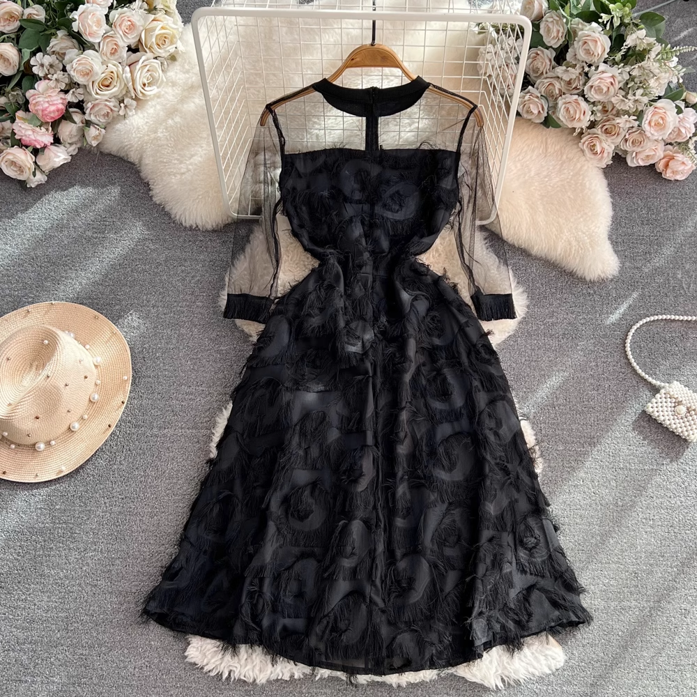 Elegant Long Sleeve Round Neck Mesh Midi A-Line Feather Fringe Dress 1553 - Perfect for Evening Parties, Date Nights & Special Occasions