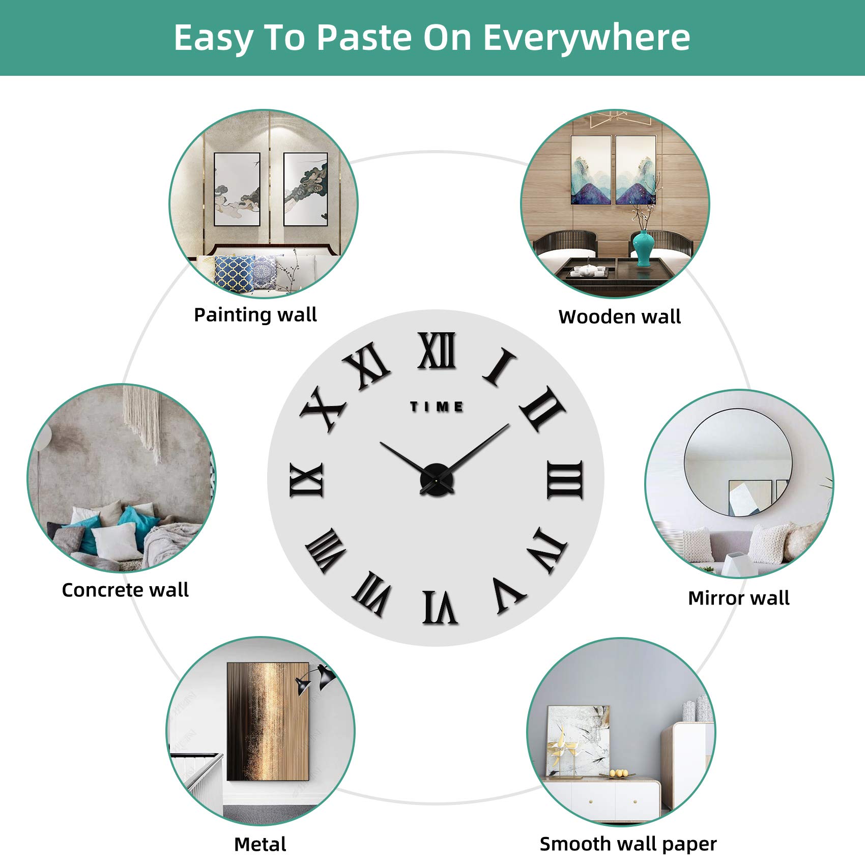 VREAONE Large 3D DIY Wall Clock with Giant Roman Numerals - Frameless Mirror Design for Home Decor - Perfect for Living Room, Bedroom & Office Wall Decor (Black) | Modern Home Décor & Stylish Wall Accent
