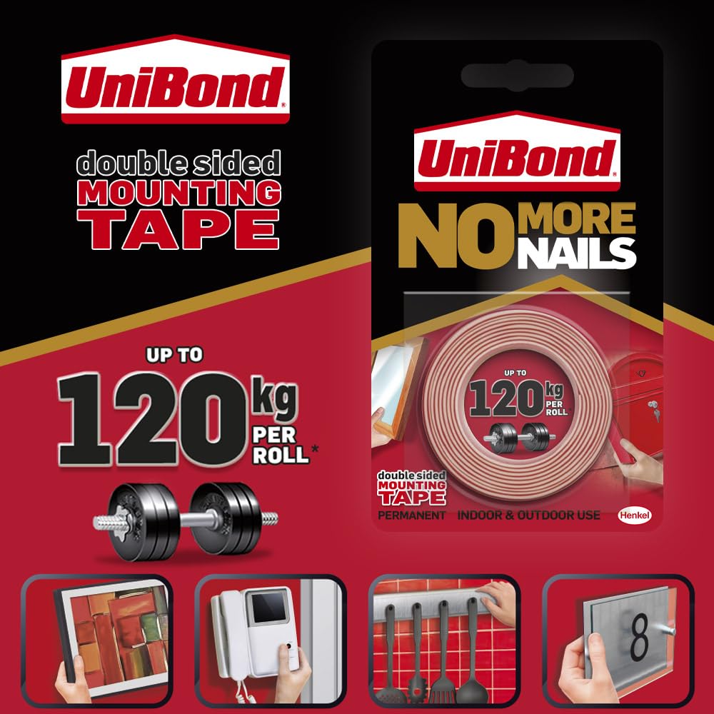 UniBond No More Nails Double-Sided Adhesive Tape - 19mm x 1.5m Strong Instant Bonding Roll for Walls, Hooks, Carpets & Home Decor | Indoor & Outdoor Multipurpose Mounting Solution