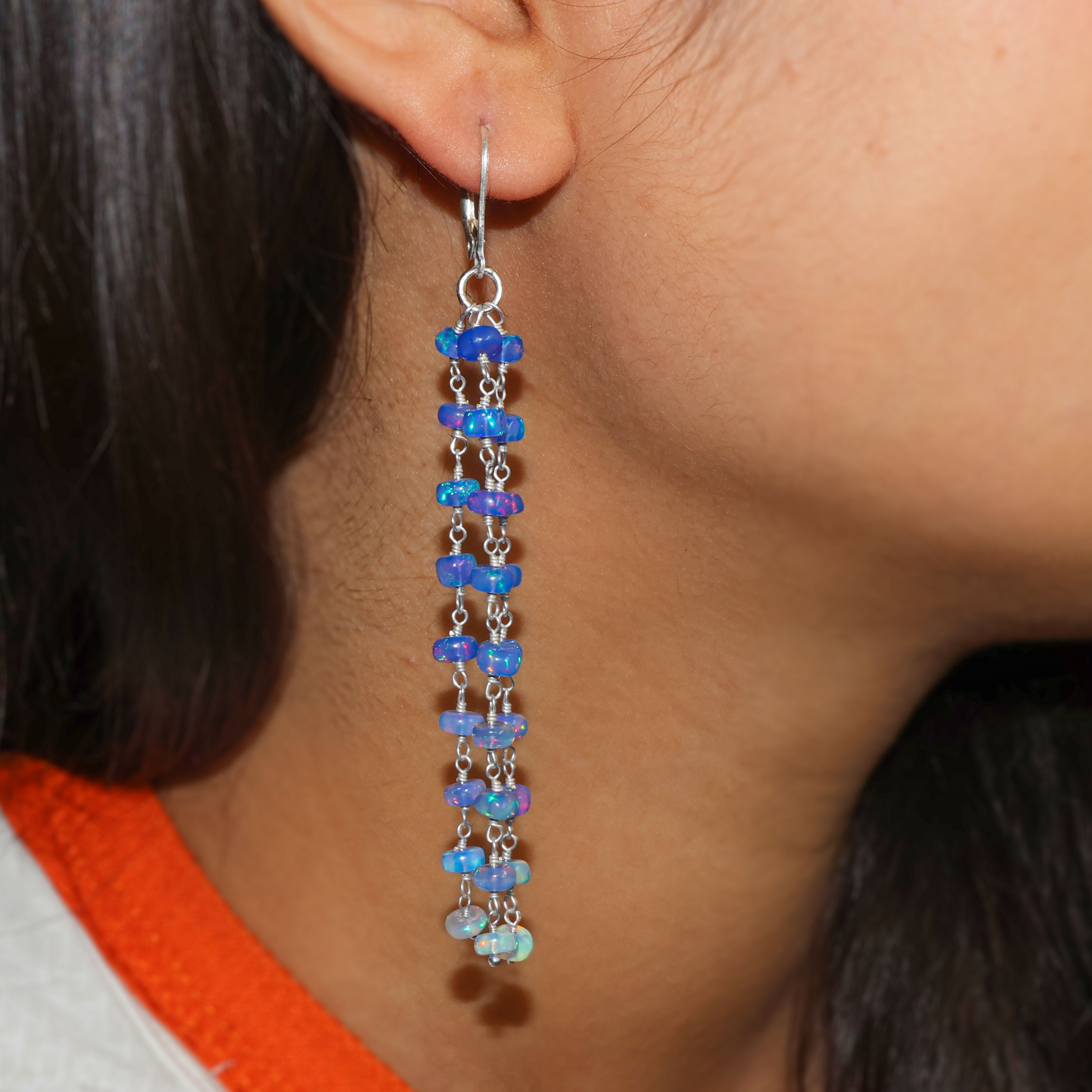 Natural Blue Opal 3 Line Dangle Drop Handmade Earrings for Women | Boho Chic Jewelry | Perfect for Weddings, Parties & Everyday Wear