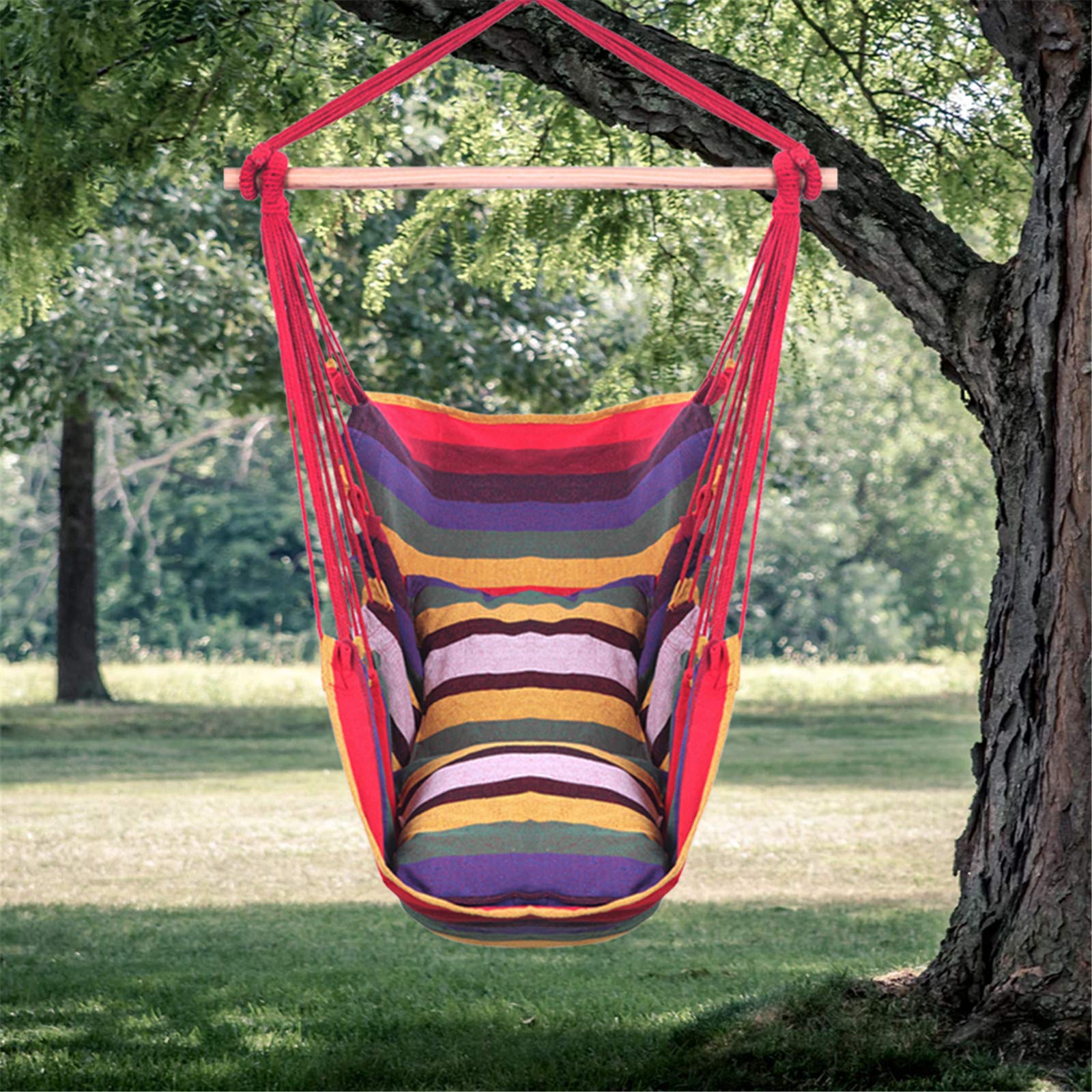 Comfortable Hanging Hammock Chair with 2 Pillows - Durable Rope Swing Seat for Indoor & Outdoor Use - Perfect for Bedroom, Patio, Yard, Porch, Deck, Garden Relaxation (Red Stripe Design)