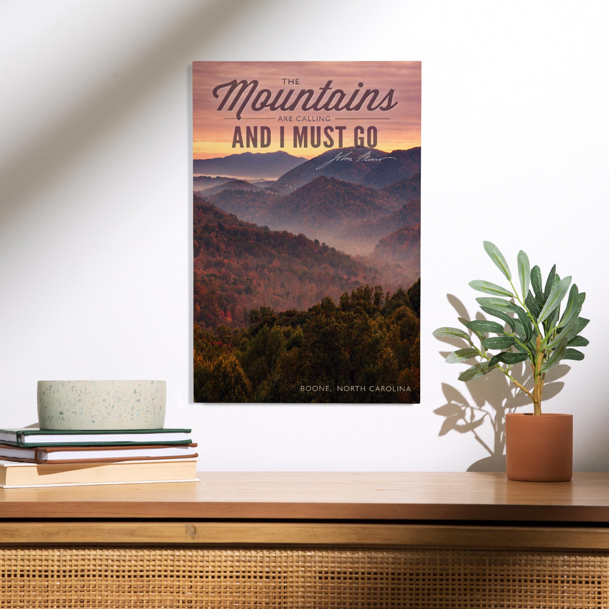 Lantern Press 12x18 Inch Premium Wood Wall Sign - Ready to Hang Home Decor with John Muir Quote 'The Mountains Are Calling' - Boone North Carolina Sunset Art - Perfect for Cabin, Living Room, or Office Wall Decor
