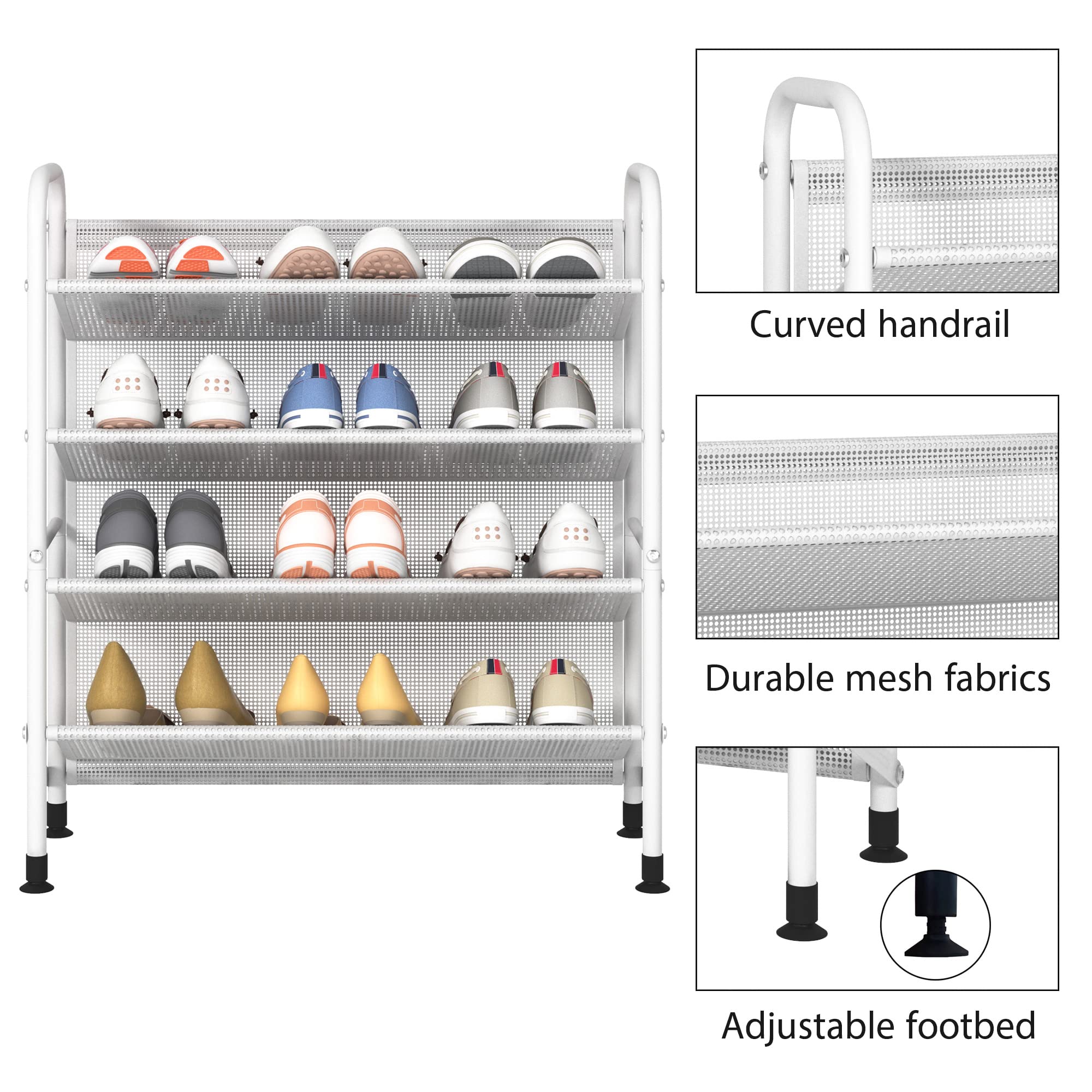 4-Tier Metal Shoe Rack Organizer - Space Saving Narrow Shoe Shelf for Closet, Entryway, Hallway & Dorm Room - Durable Mesh Fabric Design (White) - Perfect for Small Spaces & Apartment Living