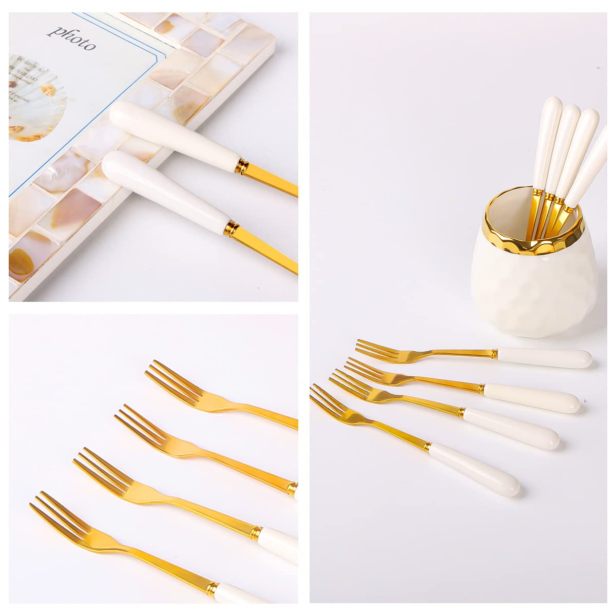 8-Pack Gold Dessert Forks - Stainless Steel Flatware with Ceramic Jar Holder - 6