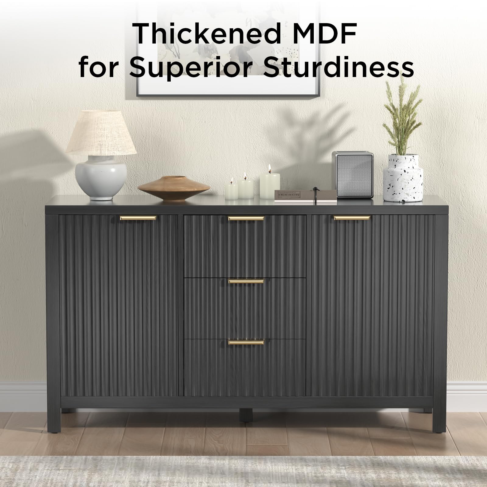 Fluted Storage Cabinet with 2 Doors & 3 Drawers - 47